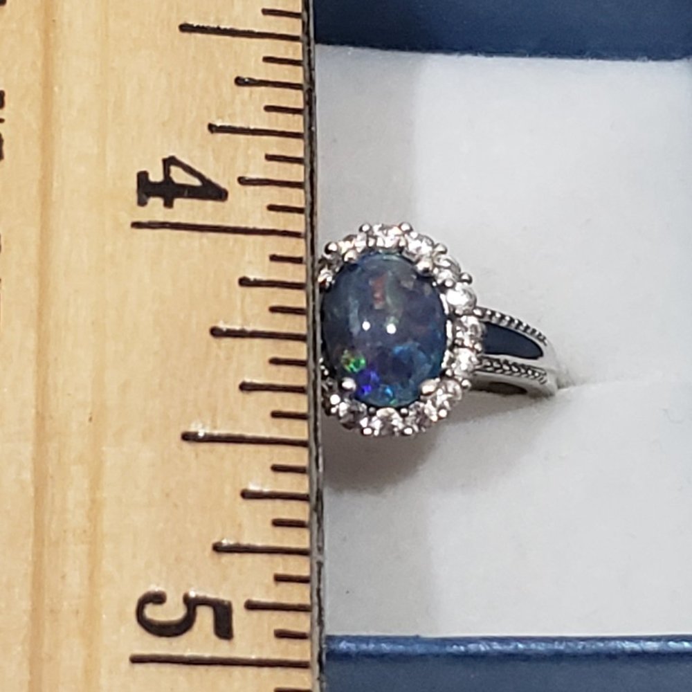 Boulder Opal & White Zircon Halo Ring in Platinum over 925 SS 1.85 cts sz 8 - Picture 2 of 6